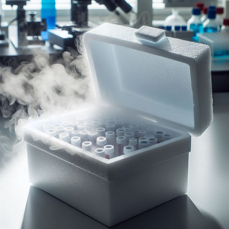 tubes of virus stock shown in dry ice in a styrofoam shipping container sitting on a lab bench