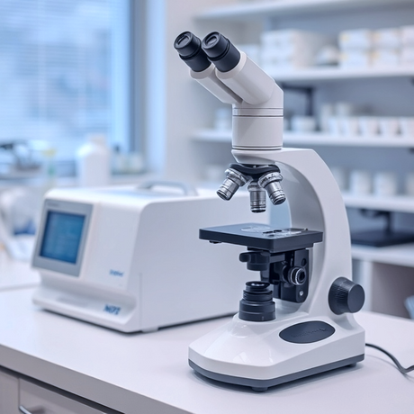 microscope sitting on lab bench in a research lab with other equipment in the background