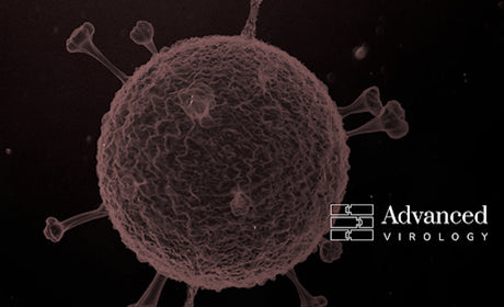 Magnified reddish-brown virus with spikes and "Advanced VIROLOGY" text