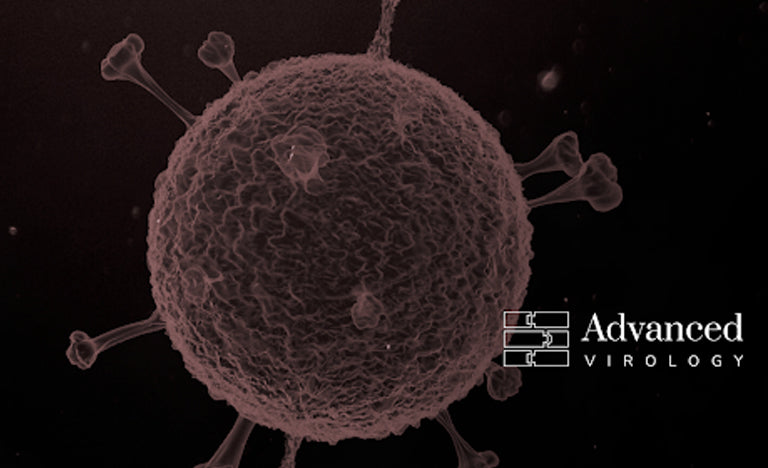 Magnified reddish-brown virus with spikes and "Advanced VIROLOGY" text